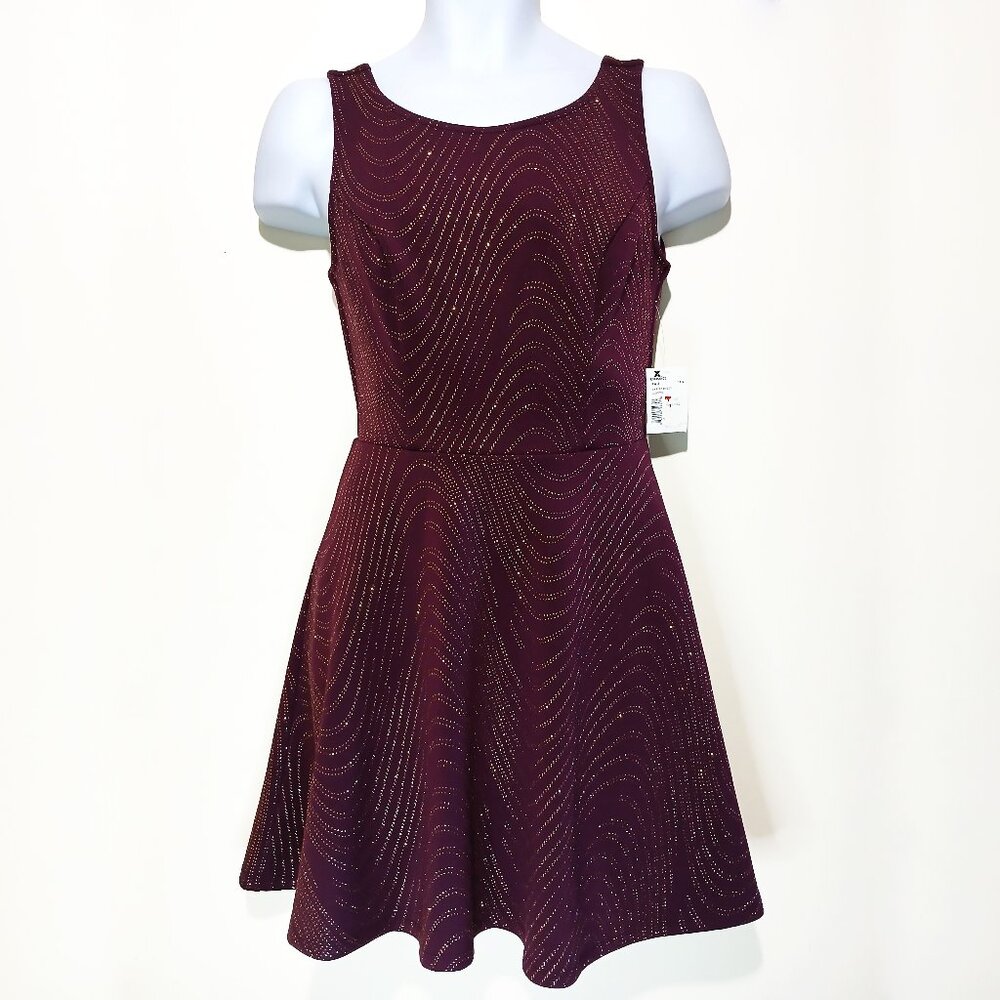 Bailey Blue Plum & Gold Sparkle A-Line Deep Back V-Neck Mini Skater Dress Size M